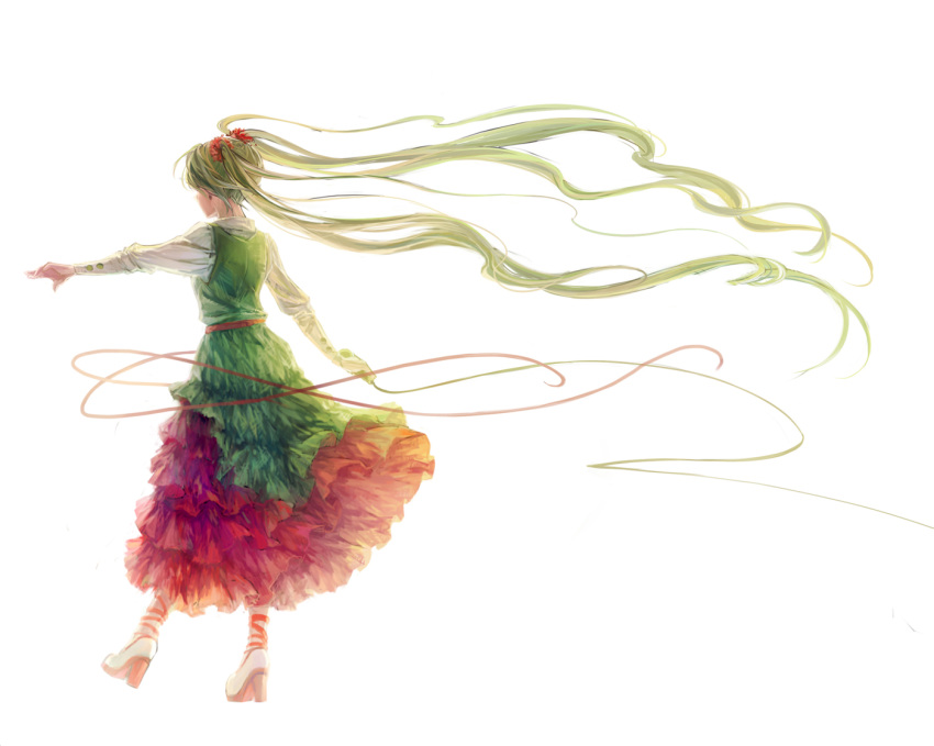 alternate_costume, bow, dress, floating_hair, from_behind, hair_bow, hatsune_miku, high_heels