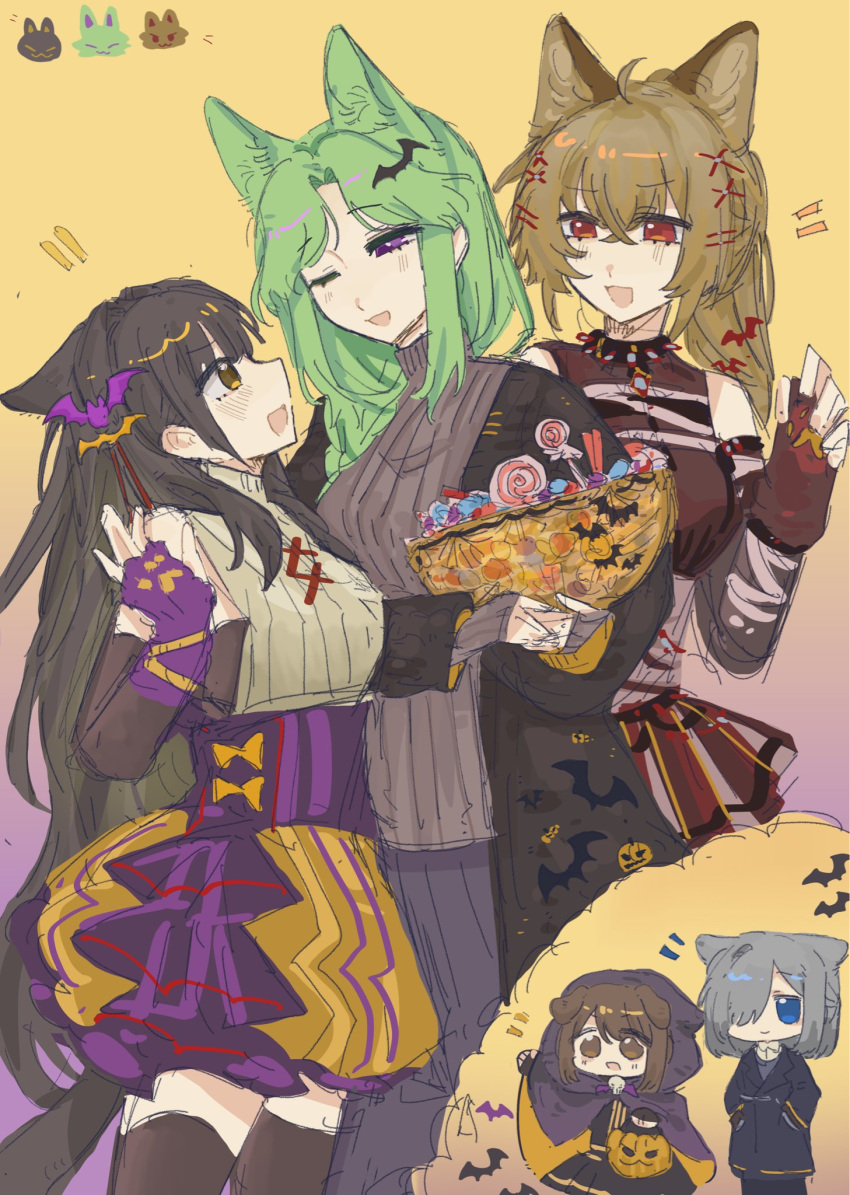 5girls, :d, ahoge, animal_ears, animalization, assault_lily, bat_(animal), bat_hair_ornament