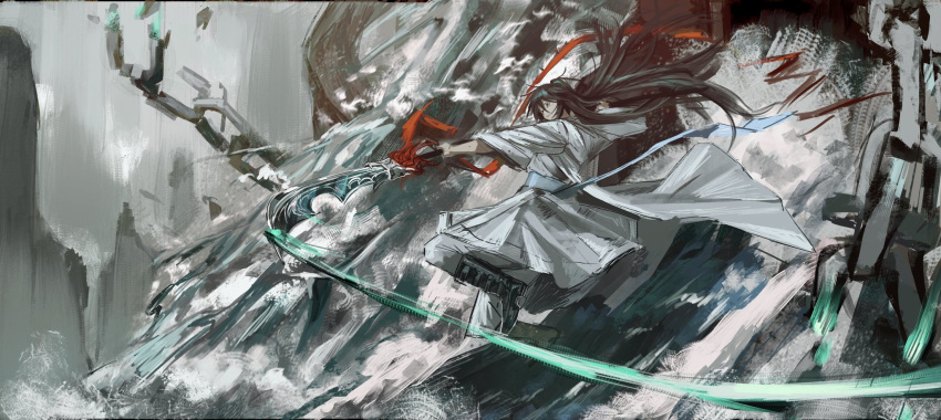 1boy, black_hair, broken, broken_chain, chain, chinese_clothes, crash, e.g.o_(project_moon)