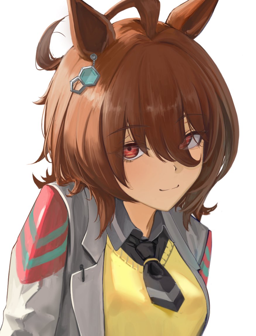 1girl, agnes_tachyon_(tach-nology)_(umamusume), agnes_tachyon_(umamusume), ahoge, black_necktie, black_shirt, brown_hair, closed_mouth