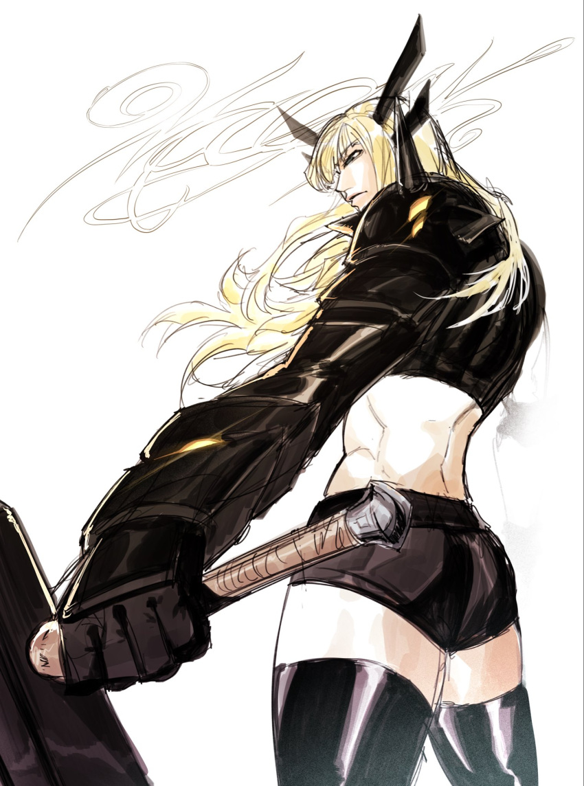 1girl, armor, black_armor, black_gloves, black_shorts, black_thighhighs, blonde_hair, blue_eyes