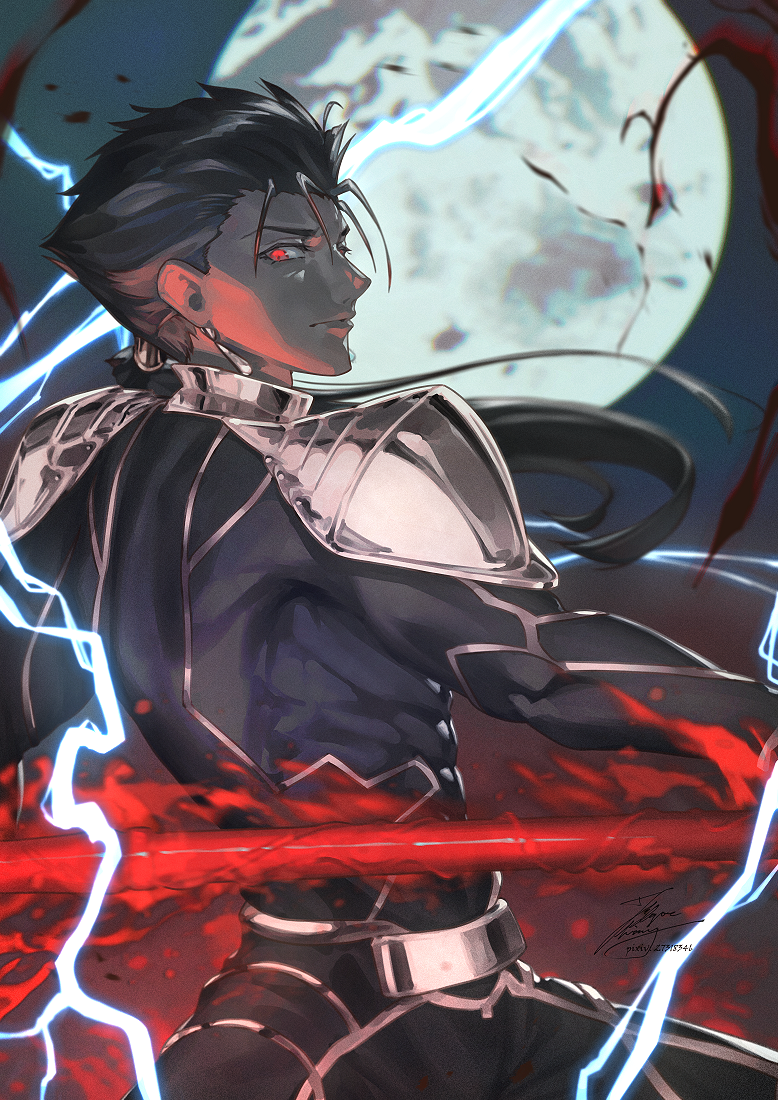 1boy, blue_bodysuit, blue_hair, bodysuit, cu_chulainn_(fate), cu_chulainn_(lancer)_(fate), earrings, fadingz