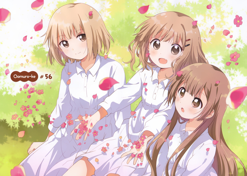 3girls, blonde_hair, blurry, brown_eyes, brown_hair, copyright_name, depth_of_field, dress