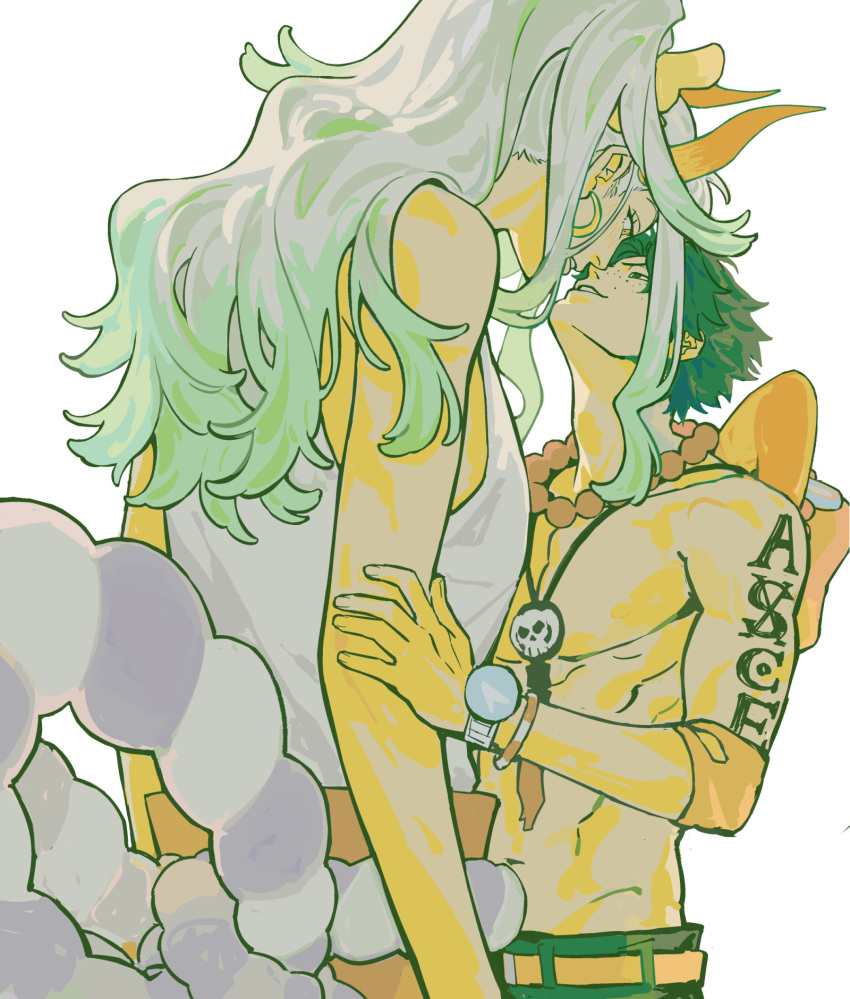 1boy, 1girl, aqua_hair, arm_tattoo, armband, bare_arms, bare_shoulders, bead_necklace
