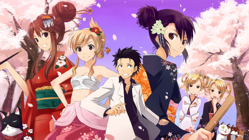 cherry_blossoms, hair_up, highres, ichinose_nagi, japanese_clothes, kimono, kirishima_akari, kirishima_kotone