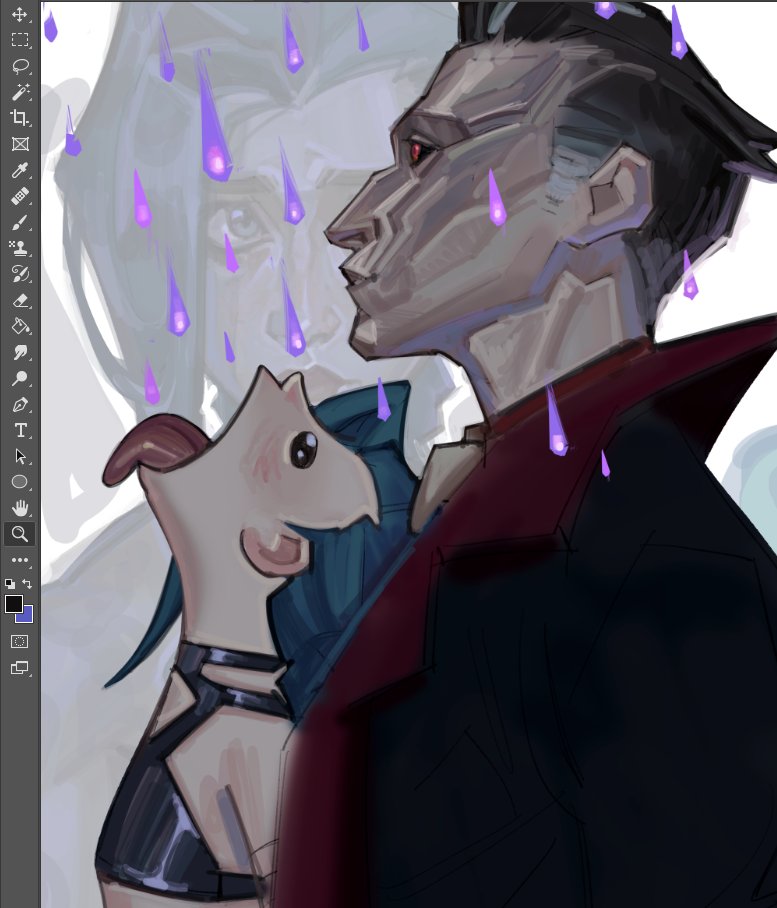 1boy, 1girl, arcane:_league_of_legends, arcane_jinx, art_program_in_frame, ascot, bare_shoulders, black_hair