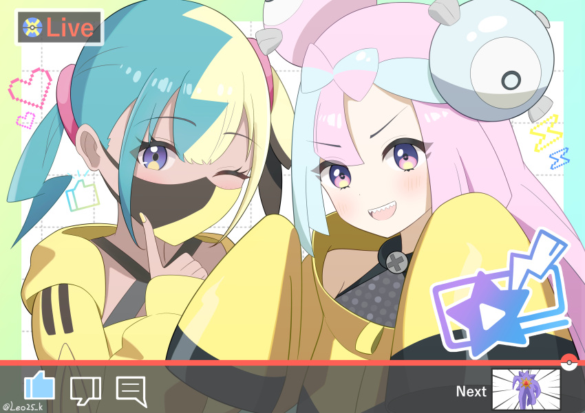 2girls, :d, absurdres, bow-shaped_hair, canari_(pokemon), character_hair_ornament, commentary_request, fake_video