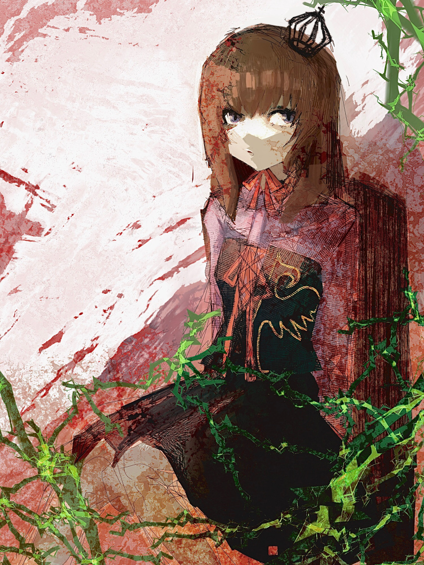 1girl, black_dress, brown_hair, crown, dress, highres, kakuyasu, looking_to_the_side, medium_hair, mini_crown, pink_shirt, plant, red_ribbon, ribbon, shirt, sitting, solo, umineko_no_naku_koro_ni, ushiromiya_maria, vines, violet_eyes