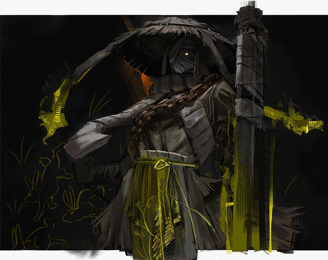 1girl, backlighting, bandaged_head, bandaged_weapon, bandages, black_gloves, black_hair, border