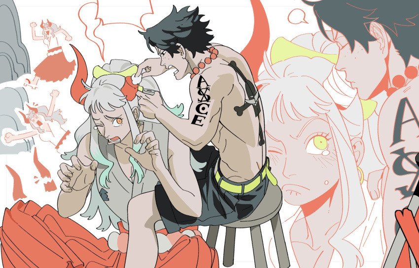 >_<, 1boy, 1girl, aqua_eyes, arm_tattoo, arms_up, back_tattoo, bandages, bare_arms, bare_shoulders, bead_necklace, beads, belt, black_hair, black_shorts, blank_speech_bubble, blush, bone, breasts, broken_horn, chibi, closed_eyes, collarbone, cotton_ball, earrings, english_text, frown, furrowed_brow, green_belt, hair_ornament, hakama, half-closed_eyes, hand_on_another's_shoulder, highres, holding, hoop_earrings, horns, japanese_clothes, jewelry, kissing_horn, long_hair, long_sleeves, looking_at_another, necklace, nyan_2020, on_stool, one_eye_closed, one_piece, oni, open_mouth, orange_pupils, outstretched_arms, ponytail, portgas_d._ace, red_horns, rope, running, sandals, shimenawa, short_hair, shorts, shouting, sidelocks, sitting, skull, speech_bubble, stool, tattoo, tearing_up, topless_male, white_background, white_hair, wiping, yamato_(one_piece)