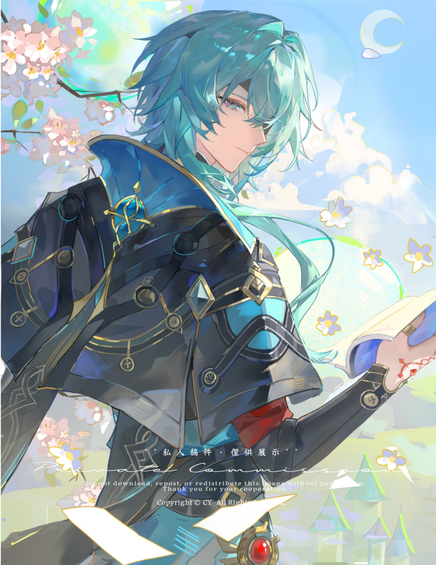 1boy, absurdres, anaxa_(honkai:_star_rail), black_capelet, black_jacket, book, capelet, closed_mouth
