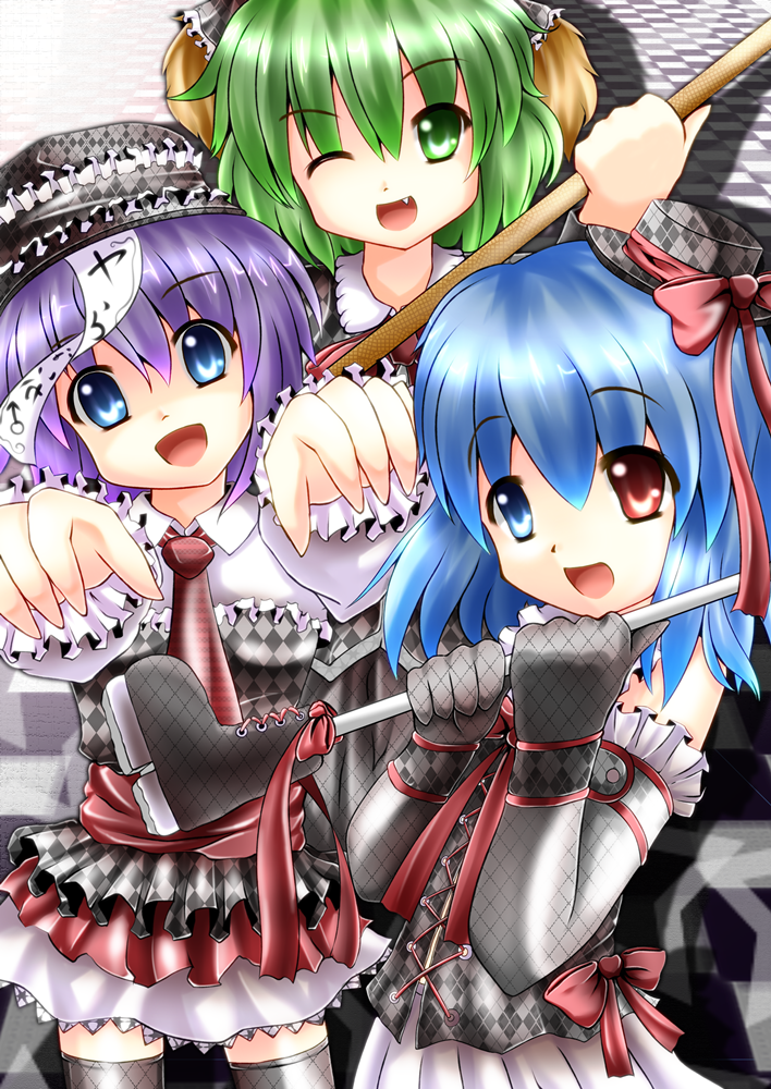 animal_ears, bad_id, black_legwear, blue_eyes, blue_hair, boots, broom, fang