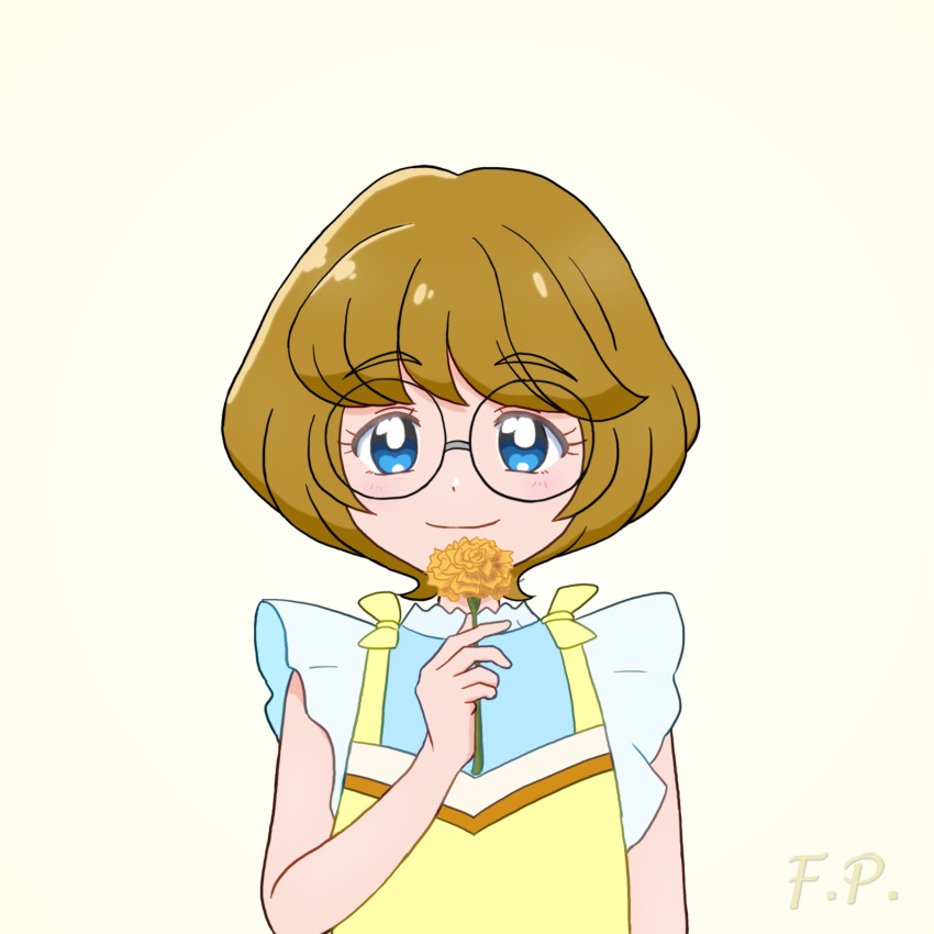 1girl, arm_at_side, bare_arms, blue_eyes, blush, bob_cut, brown_hair, carnation
