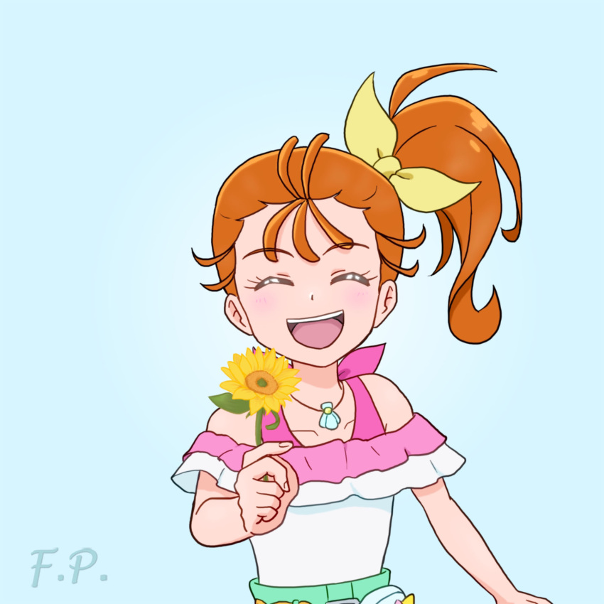 1girl, ^_^, bare_arms, bare_shoulders, belt, blue_background, blush, bow