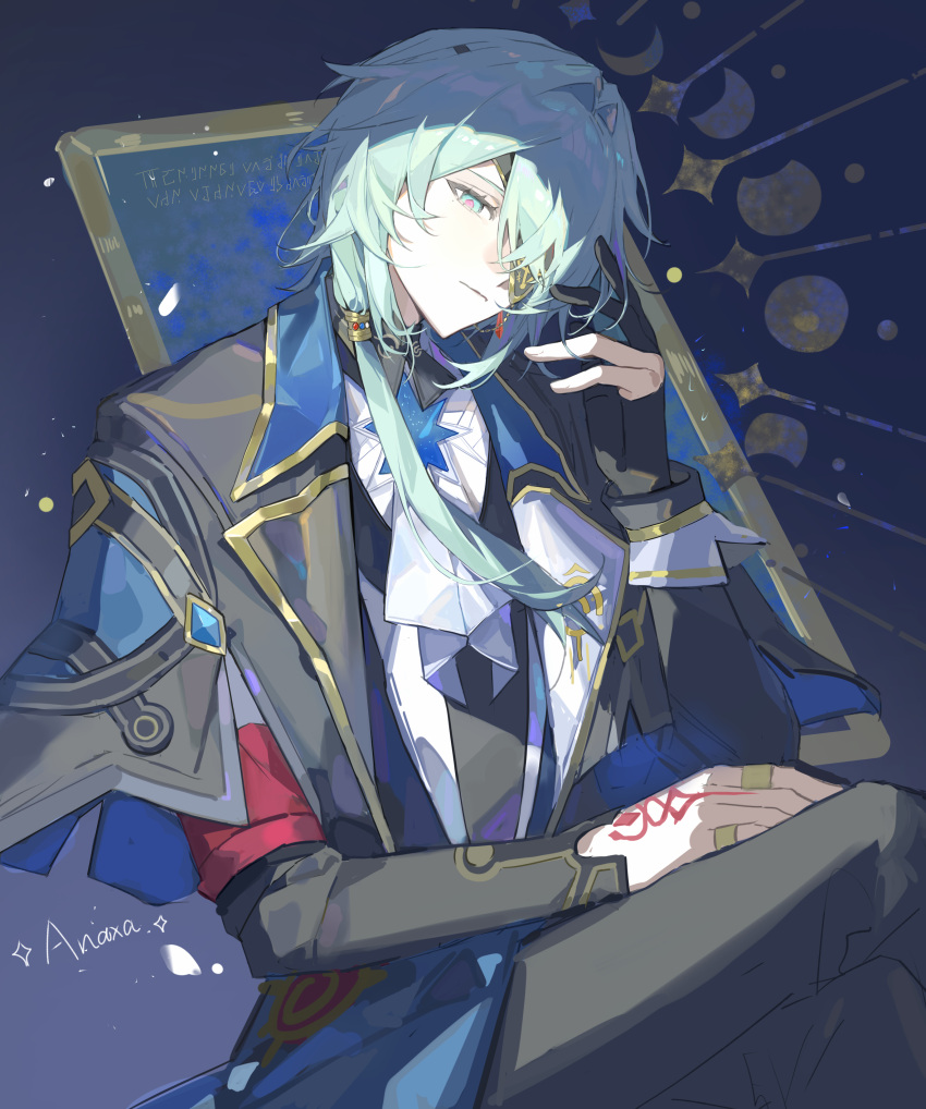 1boy, absurdres, anaxa_(honkai:_star_rail), black_jacket, black_pants, blue_background, closed_mouth, eyepatch