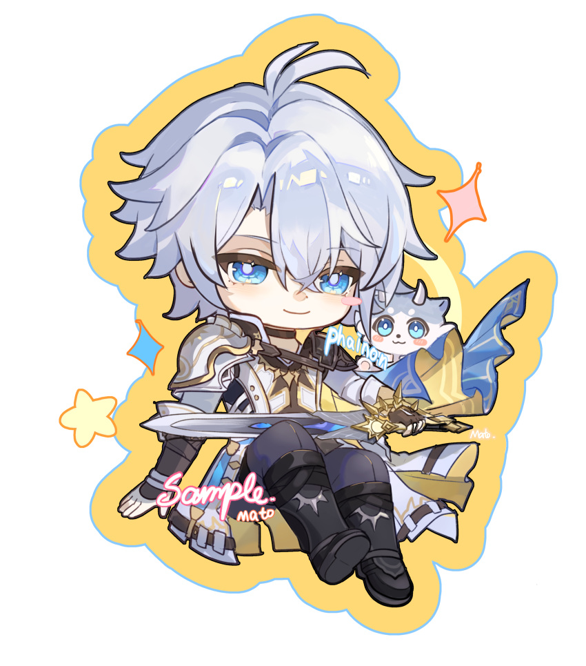 1boy, absurdres, antenna_hair, black_boots, black_pants, blue_eyes, blush_stickers, boots