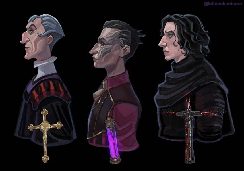 3boys, arcane:_league_of_legends, ascot, black_background, black_hair, black_robe, black_sclera, black_vest