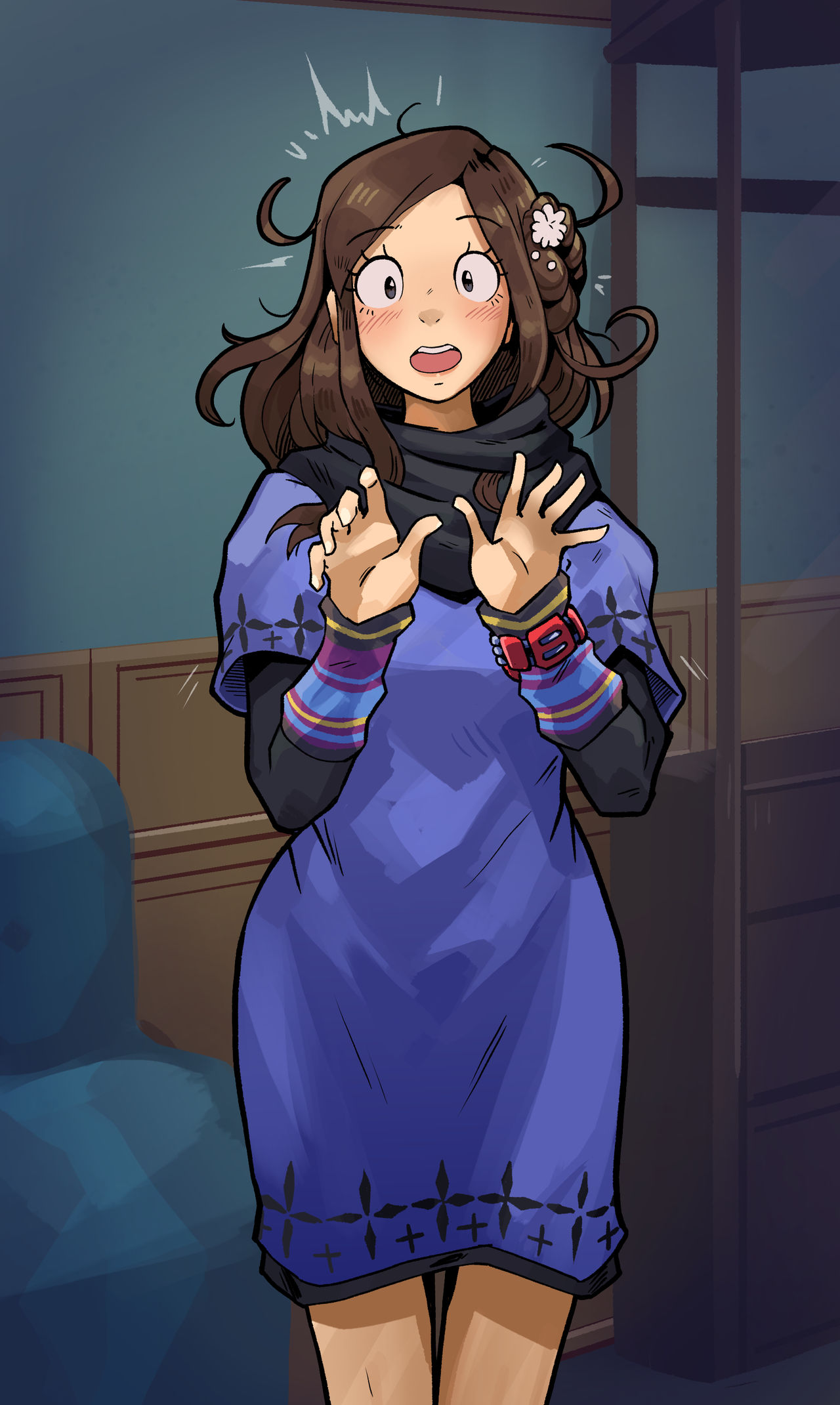 1girl, black_scarf, blush, brown_hair, commentary, cowboy_shot, derivative_work, dress