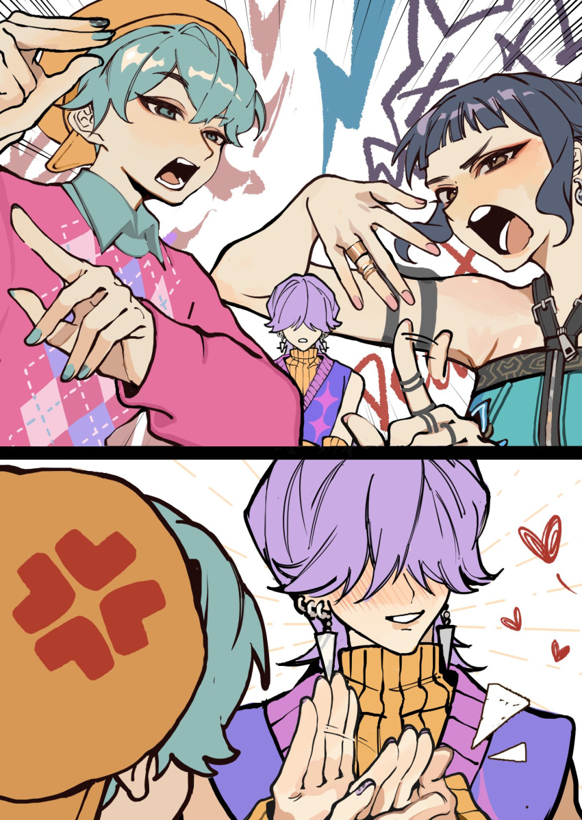 1girl, 2boys, anger_vein, aqua_eyes, aqua_hair, aqua_nails, aqua_shirt, baby_(kpop_demon_hunters)
