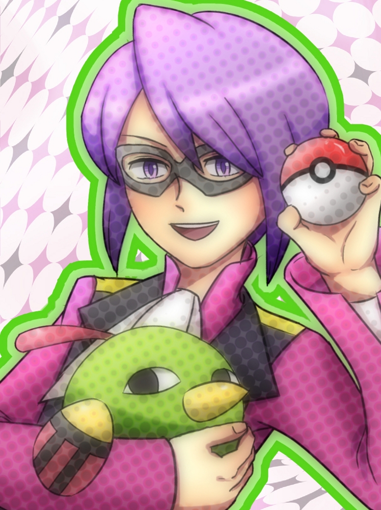 1boy, commentary_request, eye_mask, fingernails, green_outline, holding, holding_poke_ball, holding_pokemon