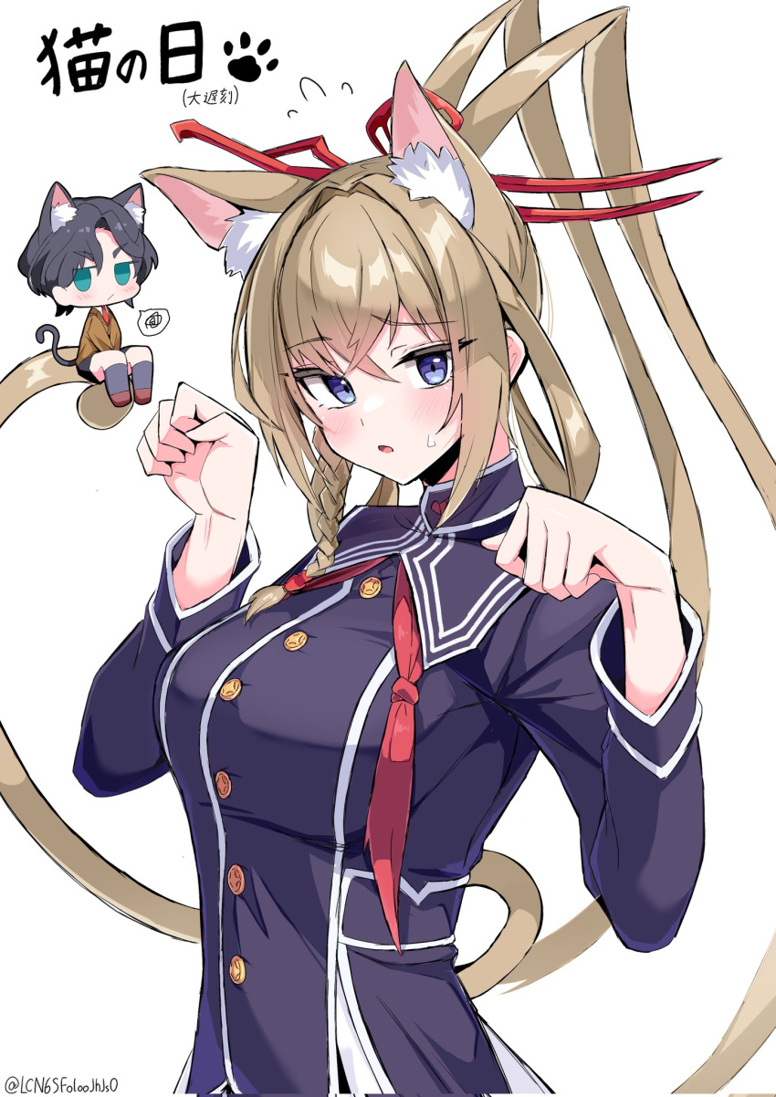 1girl, blonde_hair, blue_eyes, blush, braid, breasts, hair_ribbon, hair_rings