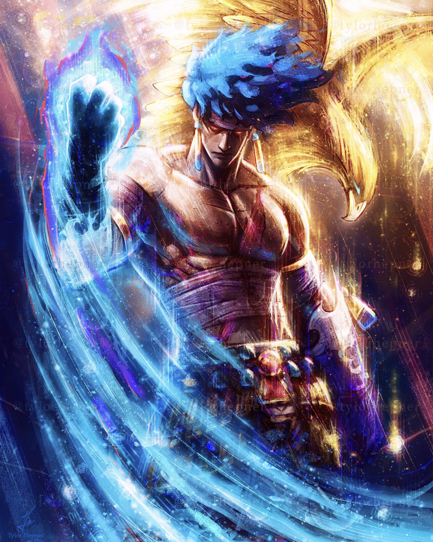 1boy, absurdres, animal, arm_up, bandages, bare_pectorals, bird, blue_fire, blue_hair, closed_mouth, commentary, english_commentary, fire, floating_hair, gauntlets, hades_(series), hades_2, hawk, highres, looking_at_viewer, male_focus, pants, pectorals, prometheus_(hades), red_eyes, solo, standing, tylor_hepner
