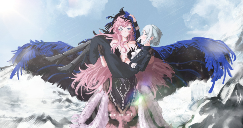 2girls, absurdres, artist_name, bare_shoulders, black_boots, black_coat, black_dress, black_hands