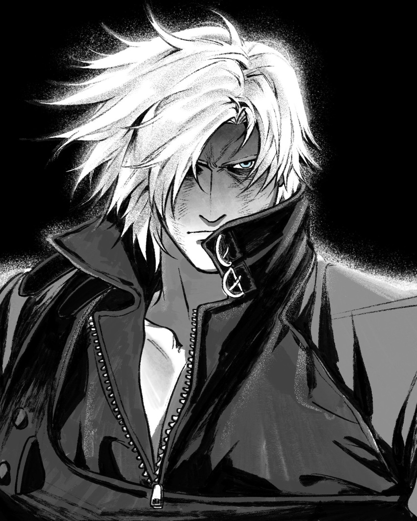 1boy, black_background, closed_mouth, collared_jacket, commentary, dante_(devil_may_cry), devil_may_cry_(series), devil_may_cry_2, floating_hair, furrowed_brow, gimamu222, hair_over_one_eye, highres, jacket, male_focus, one_eye_covered, parted_hair, popped_collar, short_hair, simple_background, solo, upper_body, zipper, zipper_pull_tab