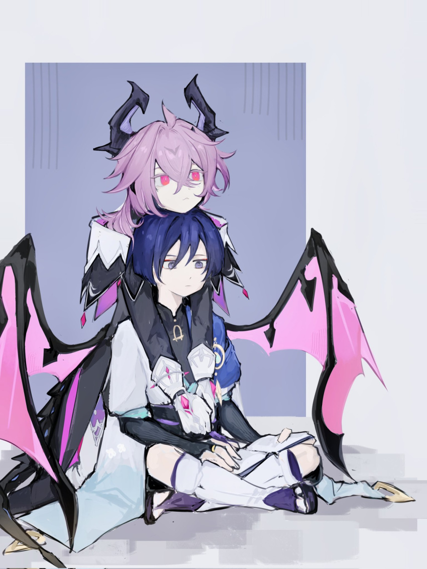 2boys, :<, ahoge, aqua_sleeves, behind_another, belt, black_belt, black_bodysuit