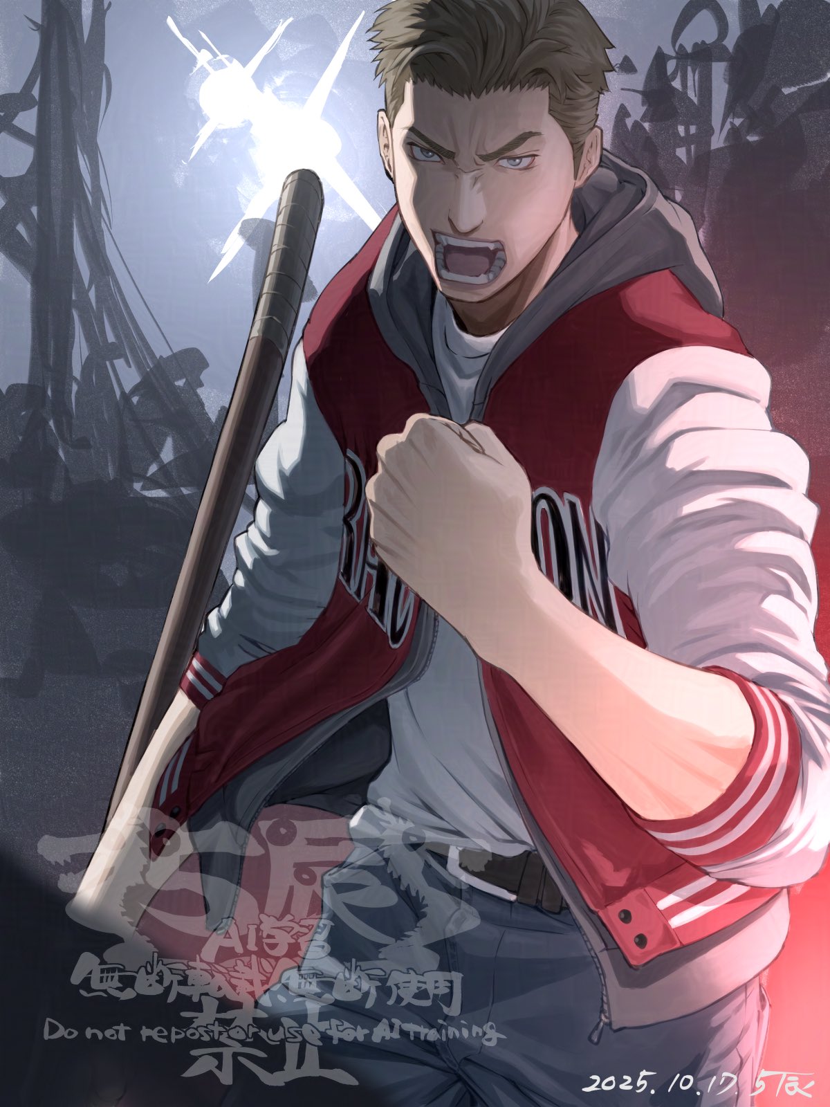 1boy, 5tatsu, belt_buckle, blue_eyes, blue_pants, brown_hair, buckle, clenched_hand