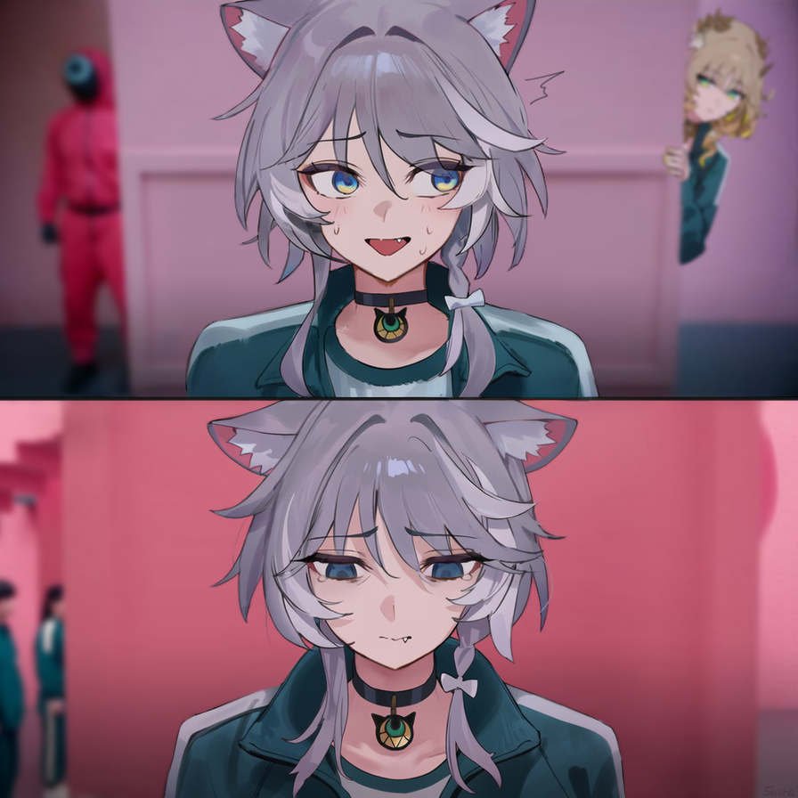 2girls, ^^^, aglaea_(honkai:_star_rail), animal_ear_fluff, animal_ears, black_choker, blonde_hair, blue_eyes, blue_jacket, blurry, blurry_background, bow, braid, cat_choker, cat_ears, cat_girl, choker, cipher_(honkai:_star_rail), closed_mouth, collarbone, empty_eyes, fang, flower, green_eyes, grey_hair, hair_between_eyes, hair_bow, hair_flower, hair_ornament, half-closed_eyes, honkai:_star_rail, honkai_(series), indoors, jacket, laurel_crown, long_sleeves, looking_at_another, looking_down, meme, multicolored_hair, multiple_girls, multiple_views, nervous_smile, open_clothes, open_jacket, open_mouth, puffy_long_sleeves, puffy_sleeves, sad, shirt, short_hair, shuraillusts, single_braid, single_sidelock, smile, solo_focus, squid_game, sweat, t-shirt, tearing_up, track_jacket, two-tone_hair, upper_body, white_bow, white_flower, white_hair, white_shirt, year_1_&amp;_year_2_(squid_game)_(meme)
