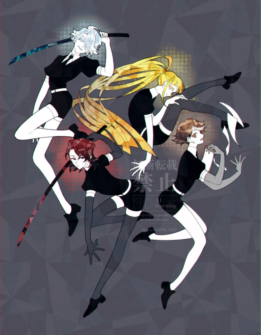 1girl, 3boys, black_necktie, black_shirt, black_shoes, black_shorts, black_thighhighs, blonde_hair