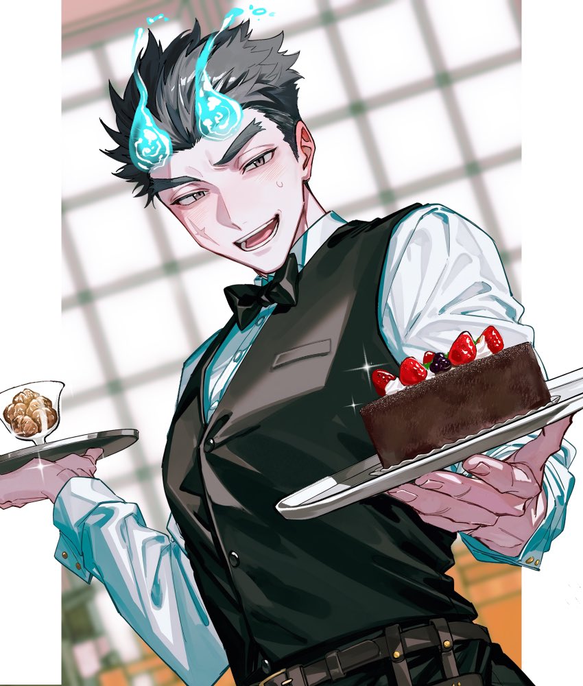 1boy, belt, black_bow, black_bowtie, black_hair, black_pants, black_vest, blue_fire