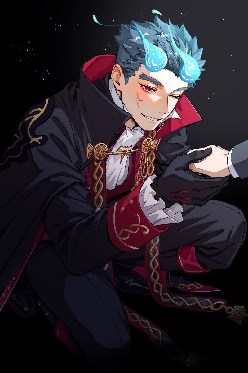 1boy, 1other, aiguillette, black_cape, black_eyes, black_gloves, black_hair, black_pants