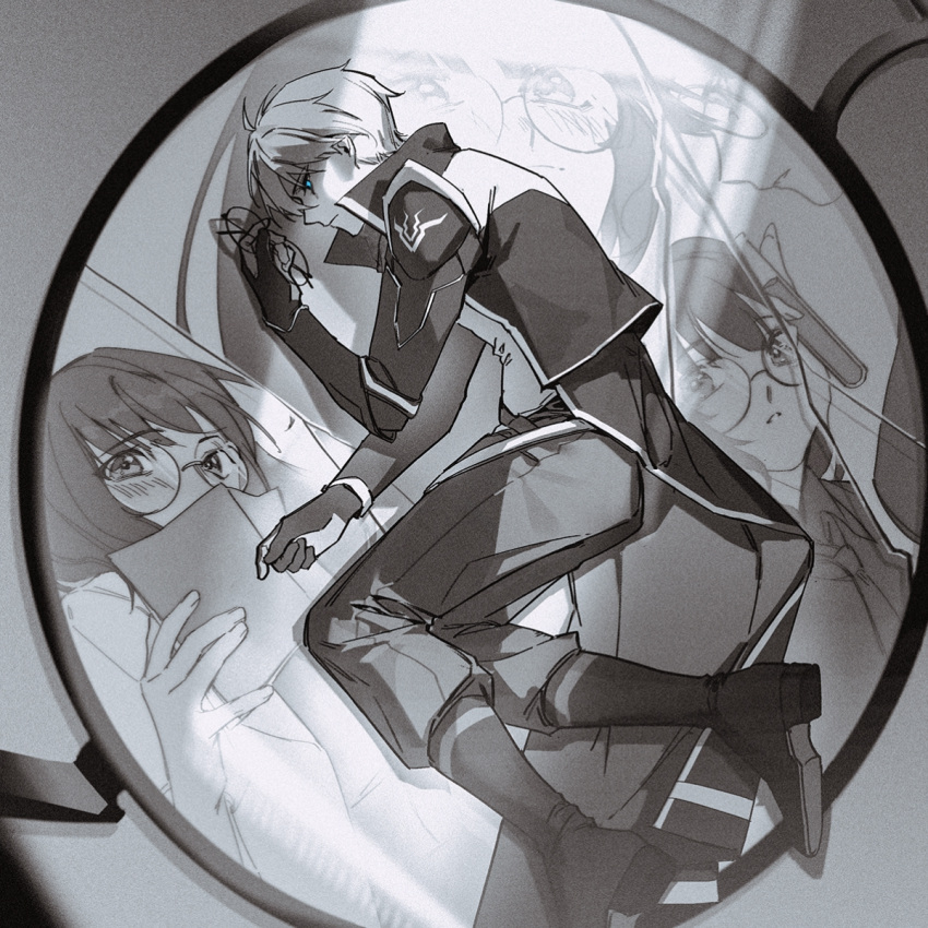 1boy, 1girl, ahoge, blue_eyes, blunt_bangs, blush, boots, broken_glass, chinese_commentary, close-up, closed_mouth, coat, collared_coat, couple, different_reflection, expressionless, from_above, from_side, glass, glasses, glowing, glowing_eyes, grey_background, hair_between_eyes, hetero, highres, honkai_(series), honkai_impact_3rd, kevin_kaslana, long_hair, long_sleeves, looking_to_the_side, lying, mei_(honkai_impact), monochrome, on_side, open_clothes, open_coat, parted_lips, partially_colored, reflection, sad, shade, shiregotoaka, short_hair