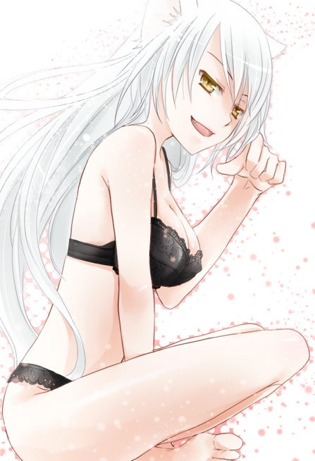 animal_ears, bakemonogatari, barefoot, bra, cat_ears, cat_pose, face, fang