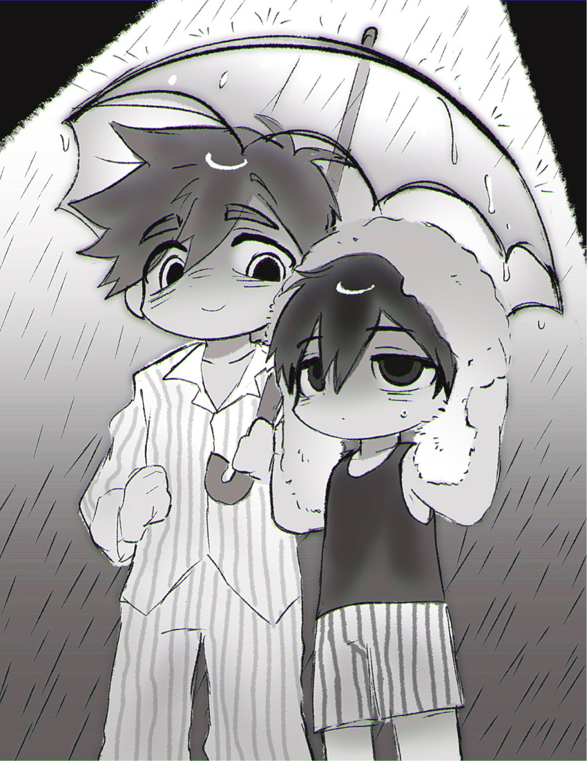 2boys, antenna_hair, arms_up, blush, closed_mouth, collarbone, double-parted_bangs, drying, greyscale, hair_between_eyes, height_difference, hero_(headspace)_(omori), hero_(omori), highres, holding, holding_towel, holding_umbrella, long_sleeves, looking_at_another, lyuz_(justtoseemeplea), male_focus, monochrome, multiple_boys, omori, omori_(omori), pajamas, pants, rain, short_hair, shorts, smile, striped_clothes, striped_pajamas, striped_pants, striped_shorts, tank_top, towel, umbrella, vertical-striped_clothes, vertical-striped_pajamas, vertical-striped_pants, vertical-striped_shorts