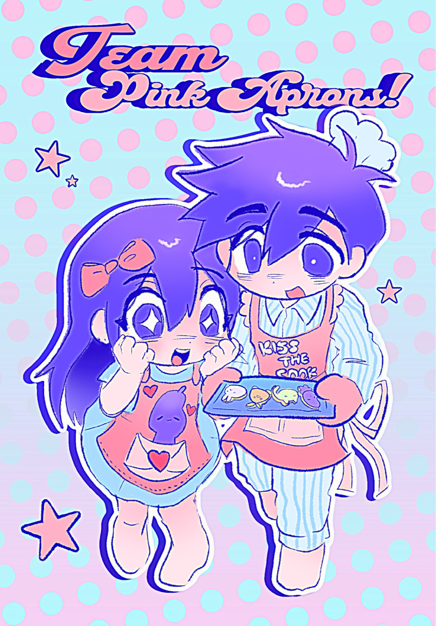 +_+, 1boy, 1girl, apron, aubrey_(headspace)_(omori), aubrey_(omori), barefoot, blue_shirt, blush, bow, bright_pupils, character_cookie, chibi, chibi_only, colored_skin, double-parted_bangs, english_text, forest_bunny_(omori), hair_between_eyes, hair_bow, hands_on_own_cheeks, hands_on_own_face, hero_(headspace)_(omori), hero_(omori), highres, holding, holding_tray, kiss_the_cook, long_shirt, long_sleeves, lyuz_(justtoseemeplea), mini_chef_hat, mr._plantegg_(omori), omori, open_mouth, oven_mitts, pajamas, pants, pink_apron, pink_bow, shirt, short_hair, short_sleeves, smile, sprout_mole, striped_clothes, striped_pajamas, striped_pants, t-shirt, teeth, tongue, tray, upper_teeth_only, vertical-striped_clothes, vertical-striped_pajamas, vertical-striped_pants, white_pupils, white_skin