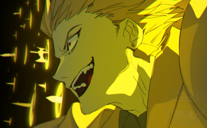 0304rong0304, 1boy, absurdres, armor, blonde_hair, commentary_request, constricted_pupils, crazy_eyes