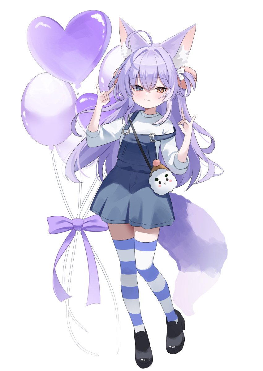 1girl, :3, absurdres, animal_ears, balloon, black_shoes, blue_eyes, brown_eyes, double_fox_shadow_puppet, fox_ears, fox_girl, fox_shadow_puppet, fox_tail, hair_ornament, heart_balloon, heterochromia, highres, inari_(tenko_shibuki), long_hair, looking_at_viewer, multicolored_hair, nannung, pom_pom_(clothes), pom_pom_hair_ornament, purple_hair, shirt, shoes, simple_background, skirt, smile, stellive, streaked_hair, striped_clothes, striped_thighhighs, suspender_skirt, suspenders, suspenders_slip, tail, tenko_shibuki, thigh-highs, three-quarter_sleeves, two-tone_hair, virtual_youtuber, white_background, white_hair, white_shirt