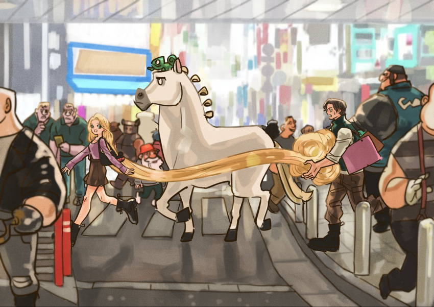 1girl, 6+boys, animal_on_head, bag, black_boots, black_skirt, blonde_hair, boots