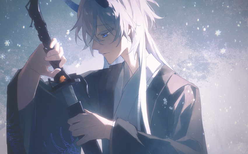 1boy, arm_up, blue_eyes, blue_horns, chinese_commentary, closed_mouth, from_side, hair_between_eyes
