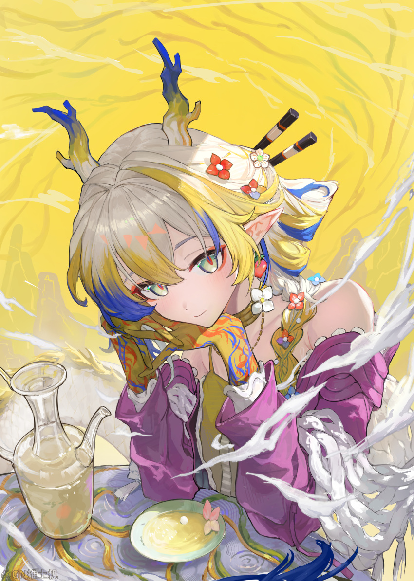 1girl, absurdres, arknights, bare_shoulders, blonde_hair, blue_hair, braid, breasts, closed_mouth, commentary_request, dragon_girl, dragon_horns, dragon_tail, dress, earrings, flower, gn_tuituji, gradient_hair, green_eyes, hair_between_eyes, head_rest, highres, horns, jewelry, light_blush, long_hair, long_sleeves, looking_at_viewer, multicolored_hair, pointy_ears, shu_(arknights), slit_pupils, small_breasts, smile, solo, steepled_fingers, tail, upper_body, white_hair