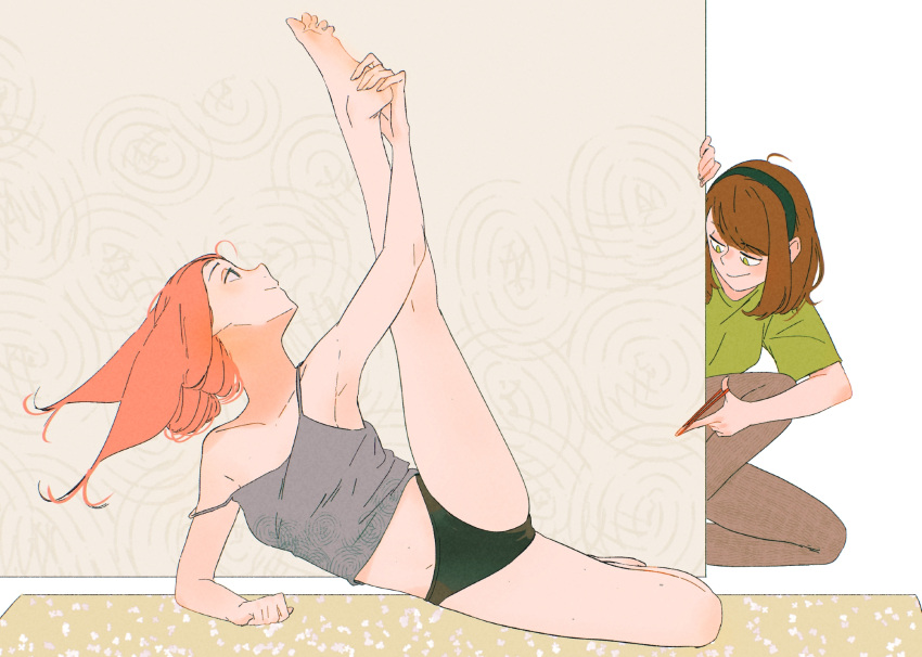 2girls, animal_ears, asimov_(spindle_(aidenr0)), black_hairband, black_panties, blue_eyes, brown_hair, brown_pants