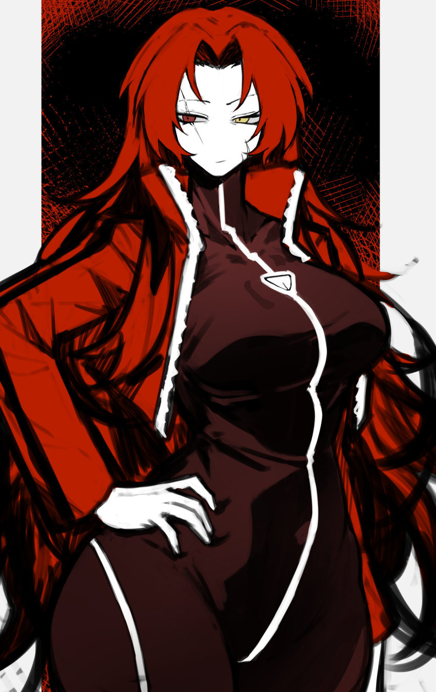 1girl, absurdres, black_bodysuit, bodysuit, breasts, closed_mouth, cowboy_shot, gebura_(project_moon)