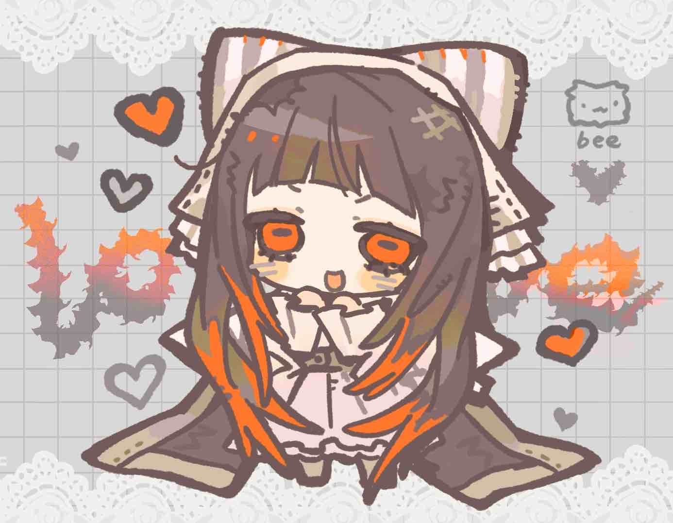 1girl, amo_empool, brown_hair, chibi, dress, full_body, gachiakuta, hat, heart, looking_at_viewer, open_mouth, orange_eyes, short_bangs, sidelocks, smile, solo, v-shaped_eyebrows, white_dress, white_hat, yinooko