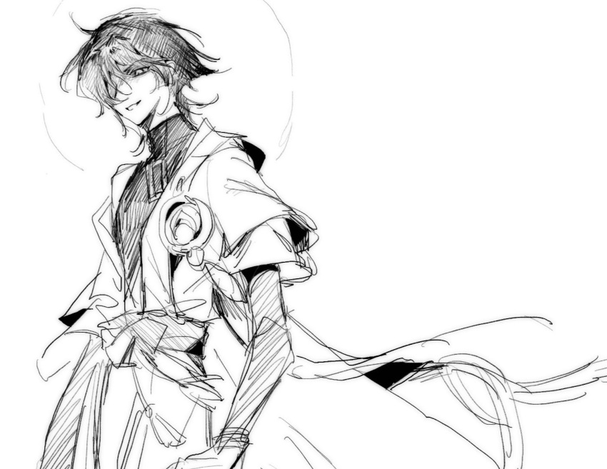 1boy, angry, bridal_gauntlets, chinese_commentary, dd16056094, floating, genshin_impact, hair_between_eyes, head_tilt, japanese_clothes, jewelry, looking_at_viewer, looking_down, monochrome, no_headwear, off_shoulder, one-eyed, pendant, sash, scaramouche_(genshin_impact), shaded_eye, shaded_face, short_hair, short_sleeves, simple_background, solo, standing, upper_body, wanderer_(genshin_impact), white_background, wide_sleeves, wind