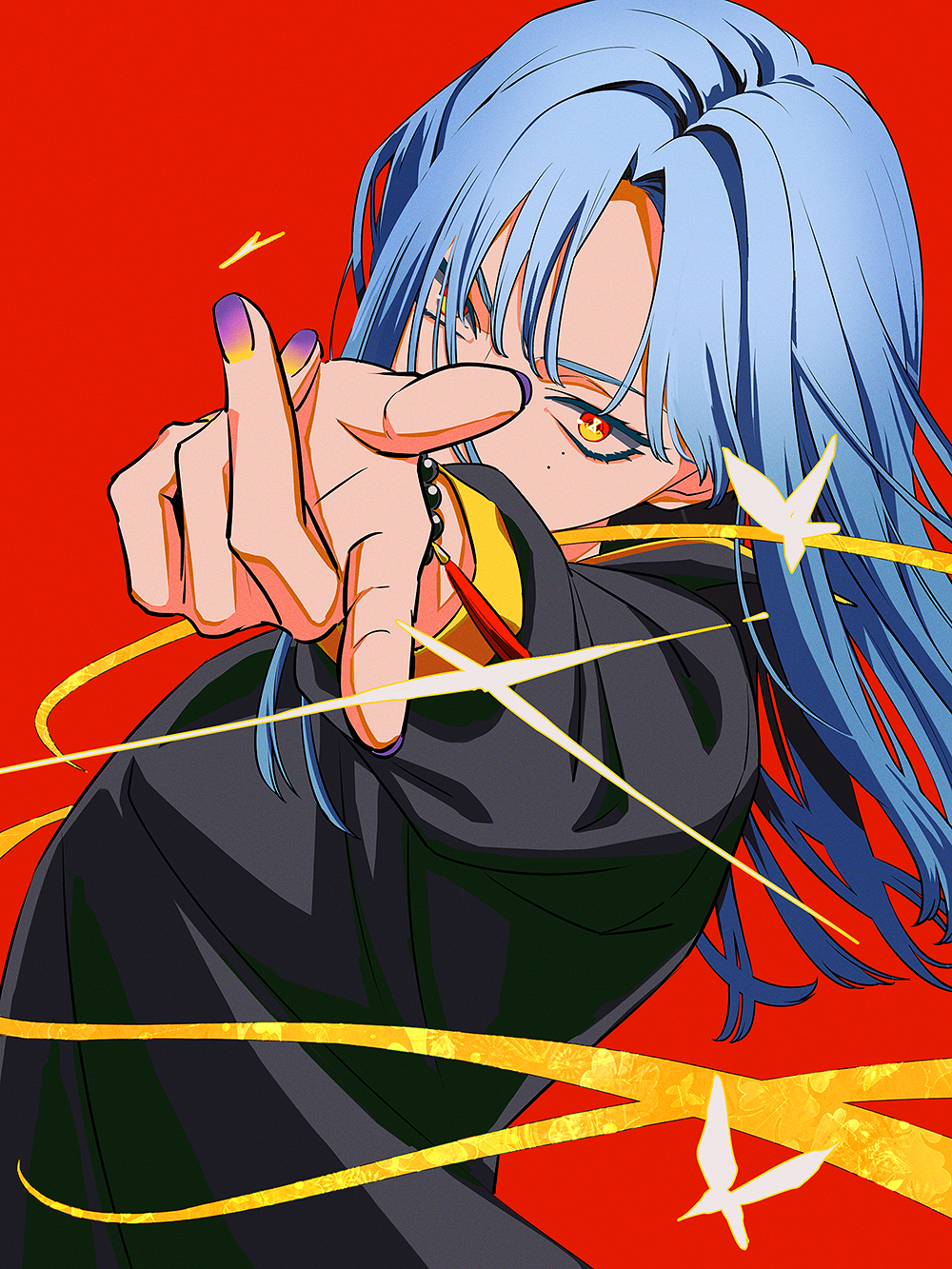 1boy, beads, black_shirt, blue_hair, bug, butterfly, collared_shirt, dutch_angle