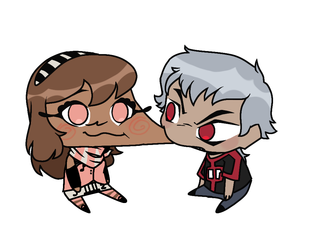 1boy, 1girl, albedo_(ben_10), ben_10, ben_10:_omniverse, black_shirt, black_shoes, brown_hair, carlinaarts, charlene_bojarski_foxwell, cheek_bite, cheek_biting, chibi, cute, oc_x_canon, pale_skin, pale_skinned_male, pink_eyes, pink_top, red_eyes, red_shirt, silver_hair, striped_headband, striped_headwear, striped_scarf, striped_thighhighs, tan_skin, white_skirt