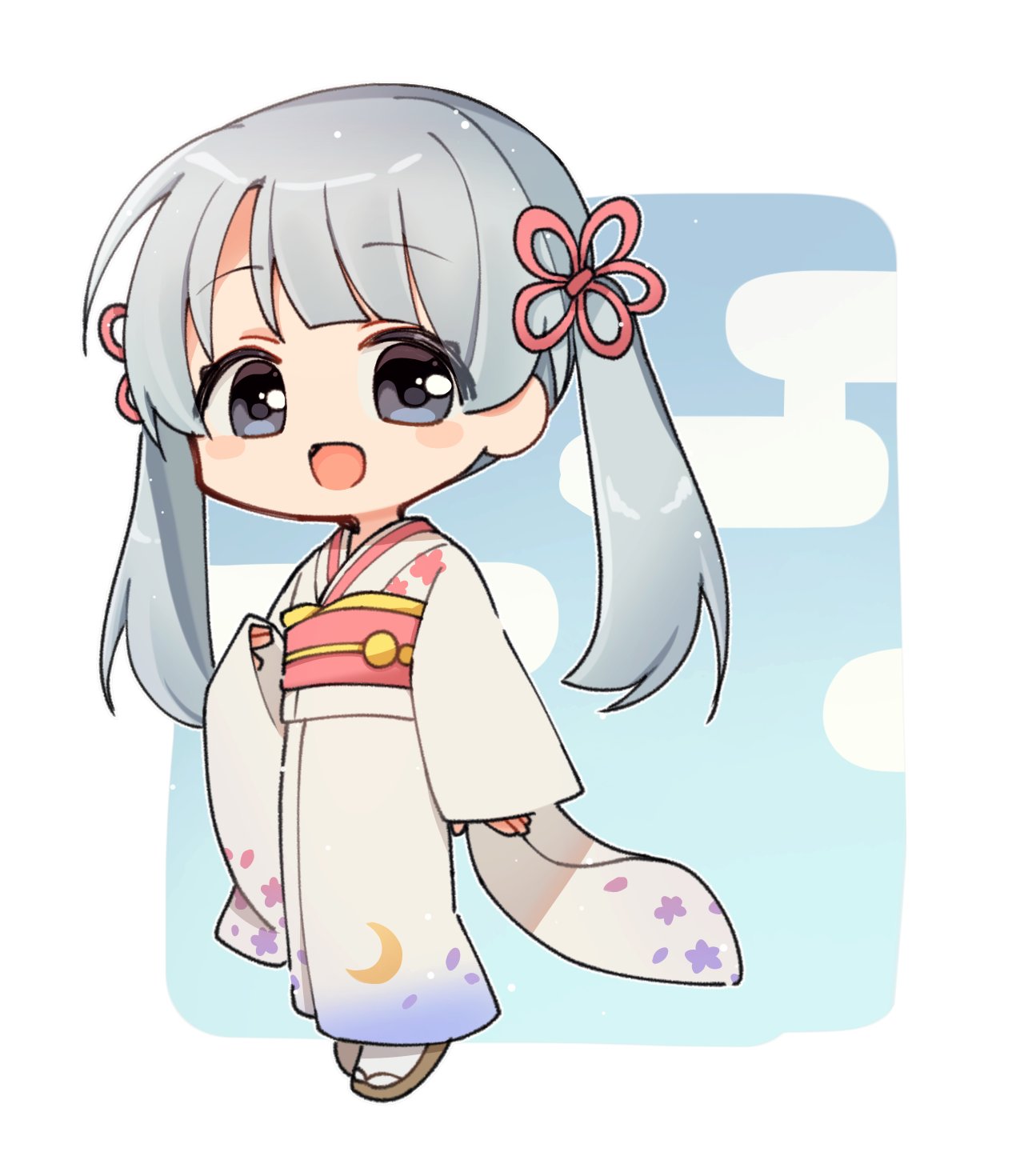 1girl, :d, asymmetrical_bangs, blunt_bangs, cherry_blossom_print, chibi, chibi_only, coeiroink, egasumi, floral_print, floral_print_kimono, flower_knot, full_body, grey_eyes, grey_hair, hair_ribbon, hankaku_minami, highres, japanese_clothes, kimono, looking_at_viewer, obi, obiage, obidome, obijime, open_mouth, print_kimono, ribbon, sandals, sash, smile, socks, solo, tabi, tsukuyomi-chan, twintails, white_kimono, white_socks, wide_sleeves, zouri